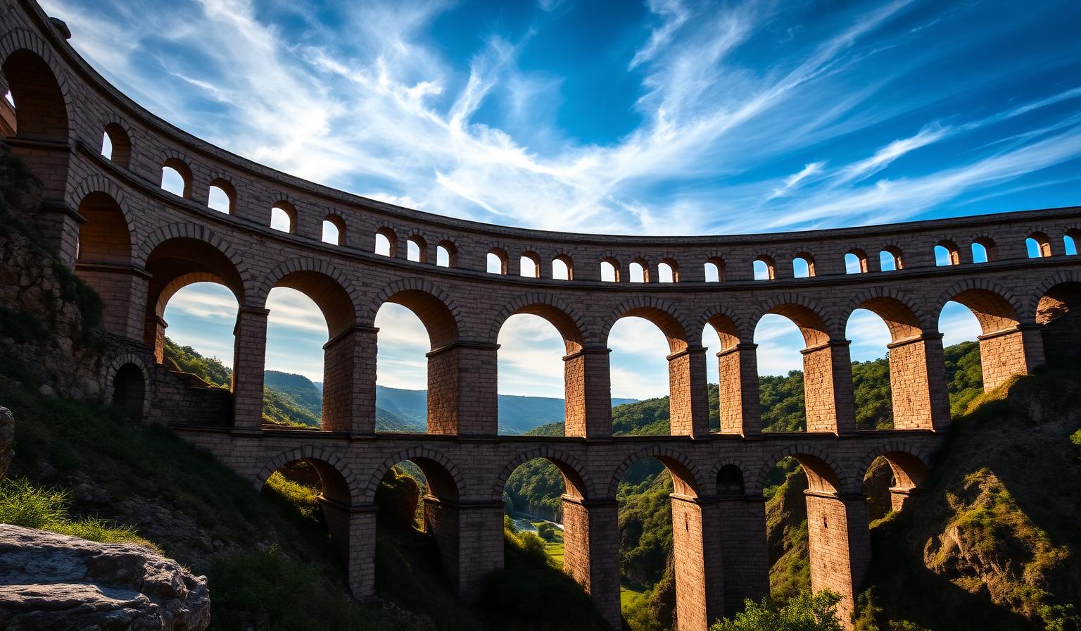 Three-tiered Roman aqueduct (Pont du Gard style) spanning a river gorge