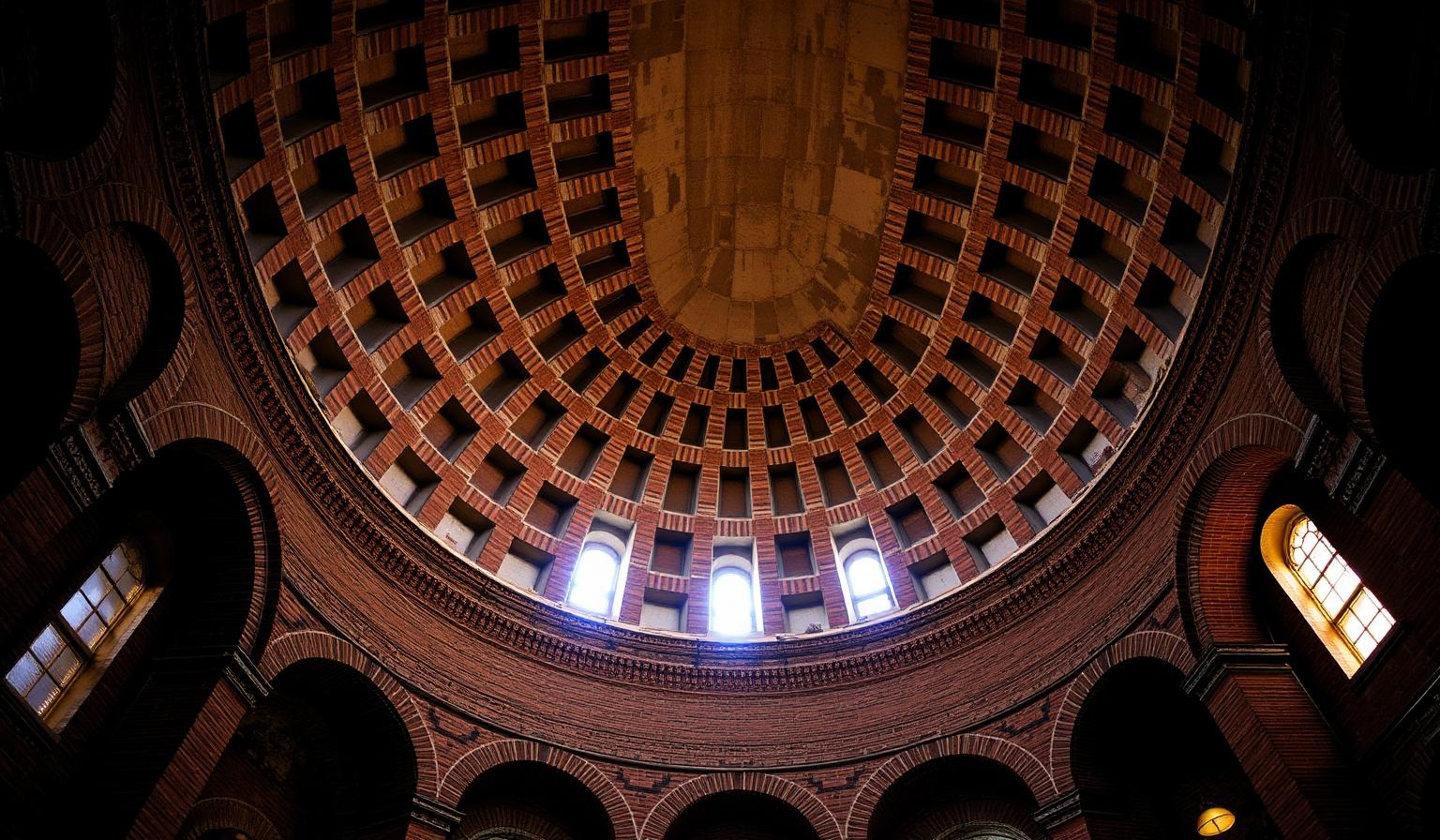 Interior of the Basilica of Maxentius in Rome showing massive coffered barrel vaults